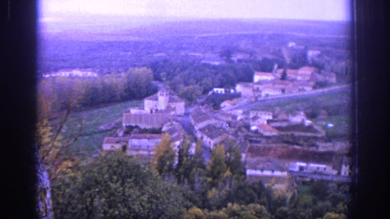 Village buildings and a tower seen from above amid fields and trees.