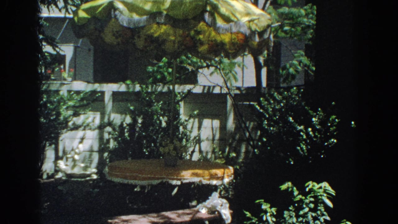 Empty backyard table beneath a large patterned sunshade with foliage and a white fence behind it.
