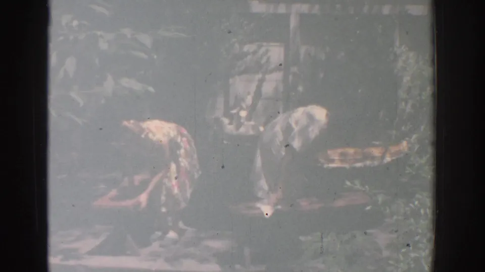 1971 Miami home-movie frame showing two women in floral dresses cleaning or handling outdoor decorations amid garden foliage.
