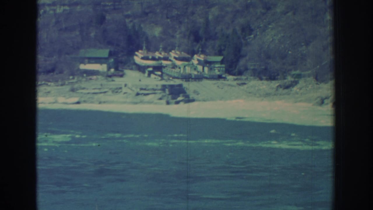 Wooded shoreline with small boats and low buildings beside the water.