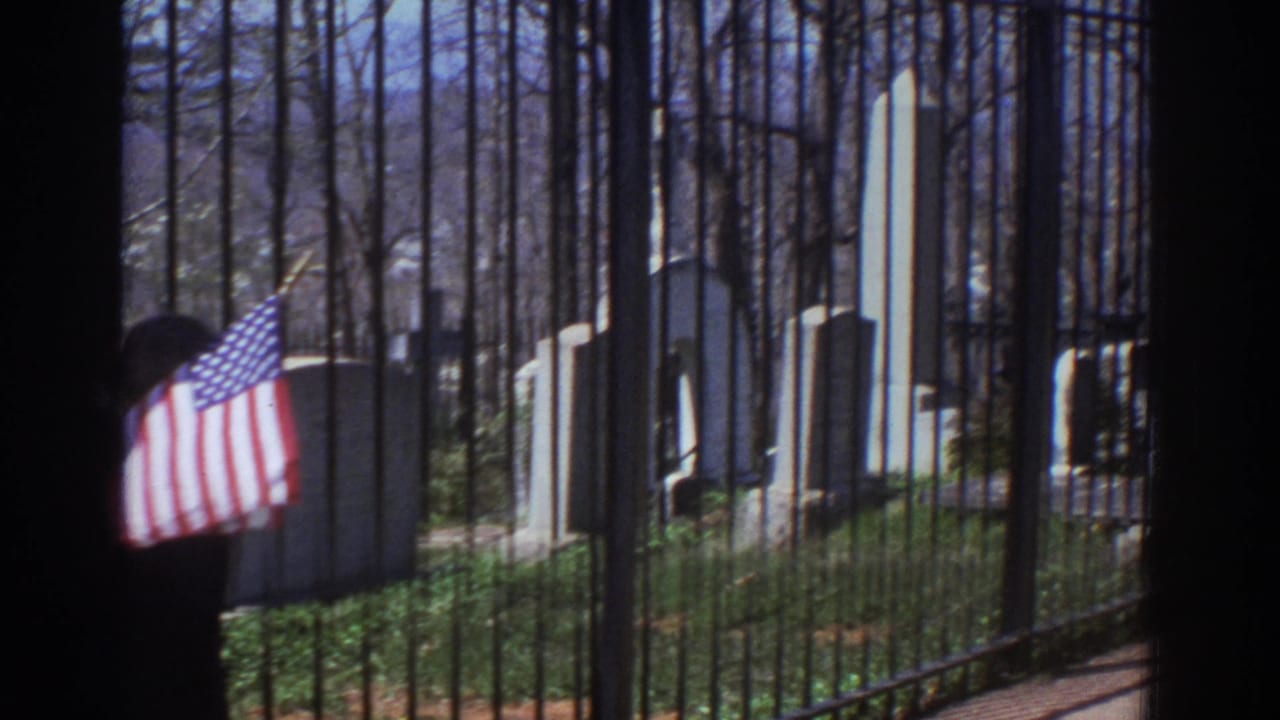 American flag partly obscures a person beside cemetery fencing and headstones.