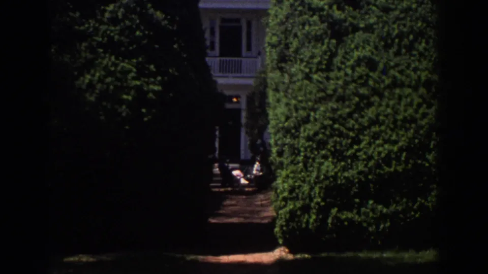 A shaded path with dense hedges leads toward a pale building or pavilion behind the James Monroe statue area.