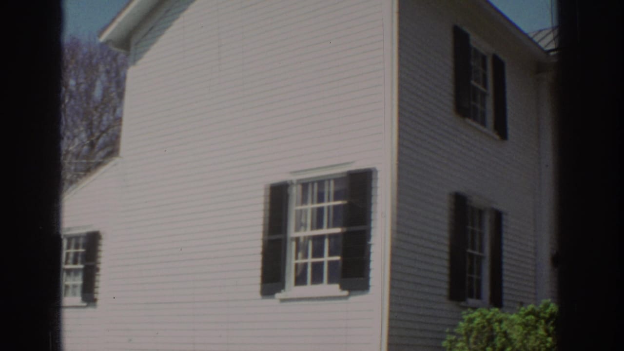 Side view of a white two-story house with black shutters, windows, shrubs, and bare trees.
