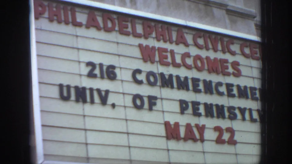 Philadelphia Civic Center marquee appears to welcome the 216th commencement of the University of Pennsylvania on May 22.