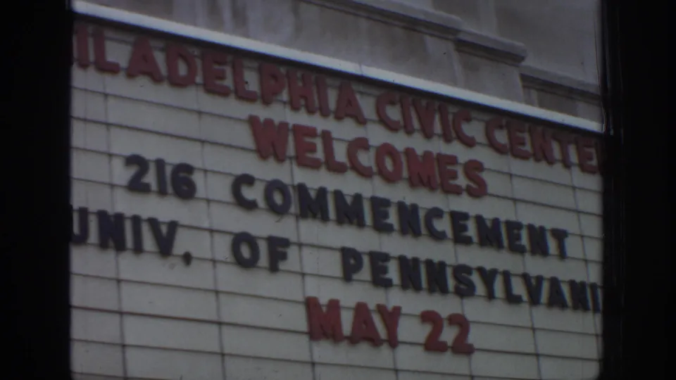 Close view of the Philadelphia Civic Center marquee showing commencement wording for the University of Pennsylvania and the date May 22.