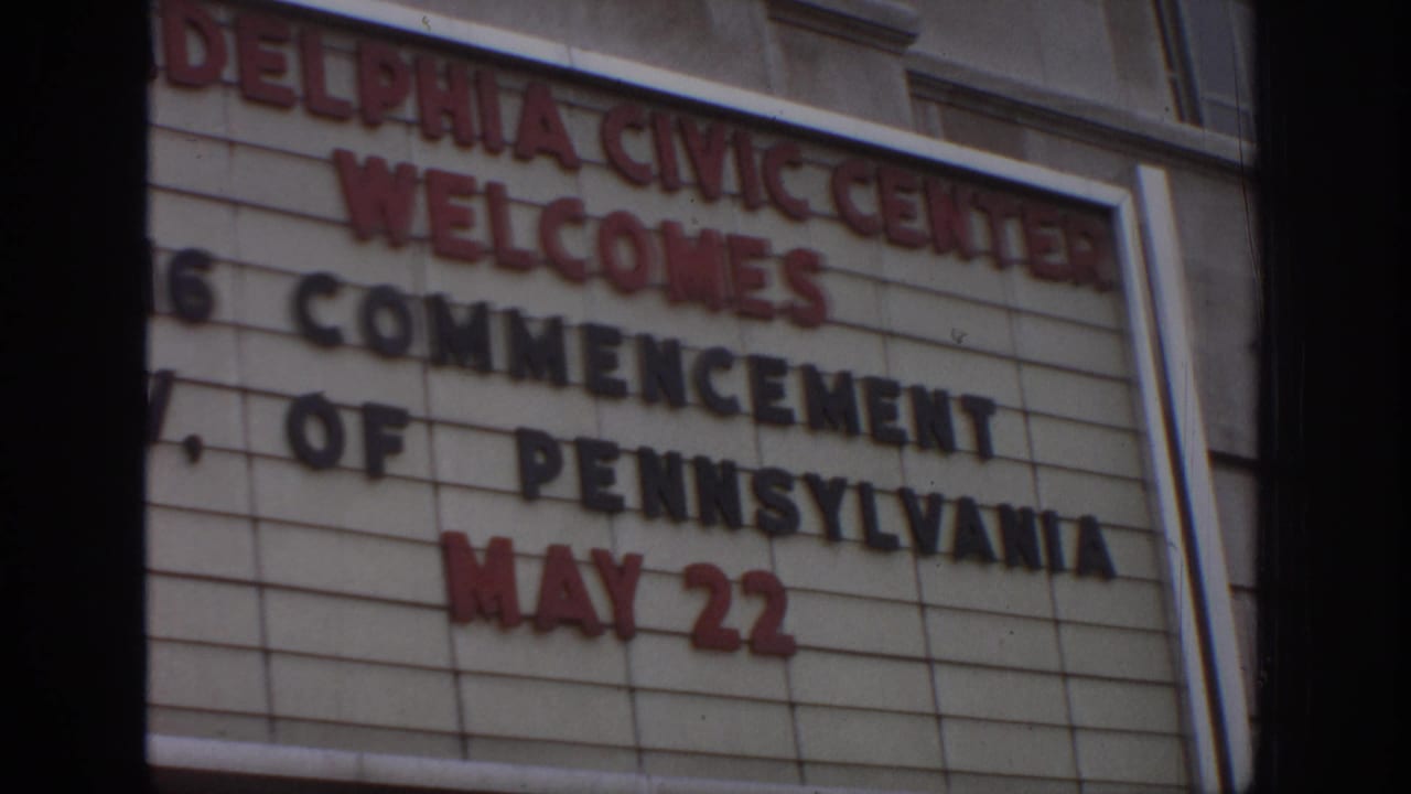Marquee lettering at the Philadelphia Civic Center appears to welcome the University of Pennsylvania commencement, with May 22 visible.