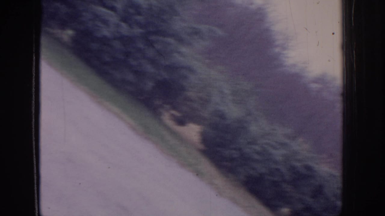 Soft 8mm frame from the supplied 1972 Philadelphia clip showing a sloped walkway and shrubs with no clear people visible.