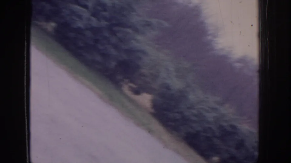 Soft 8mm frame from the supplied 1972 Philadelphia clip showing a sloped walkway and shrubs with no clear people visible.