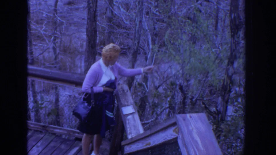 A woman in light outerwear stands on a wooden boardwalk near brush, pointing toward the surrounding natural area.