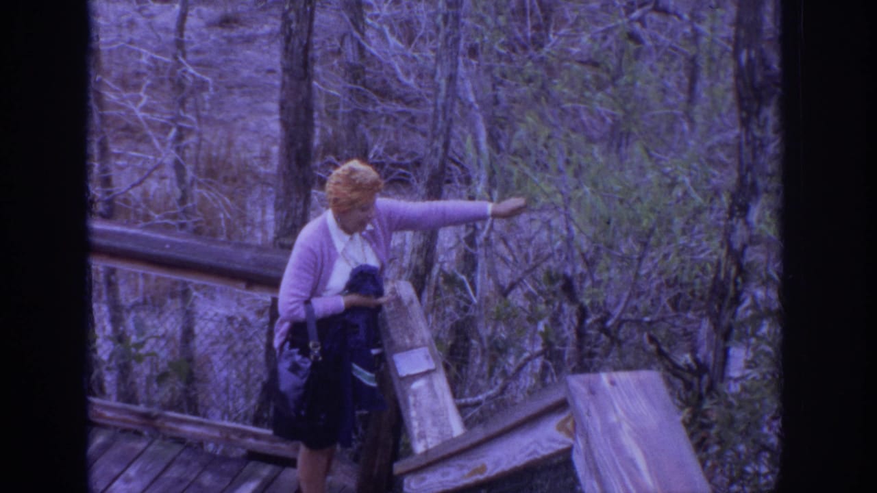 1972 Philadelphia-area home-movie frame showing an older woman in a pink cardigan pointing from a wooden boardwalk beside bare wetland trees.