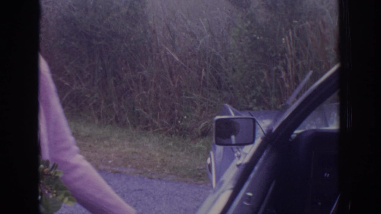 In stated 1972 Philadelphia-area home-movie footage, a woman in a purple sweater stands by an open blue sedan door holding a small plant.