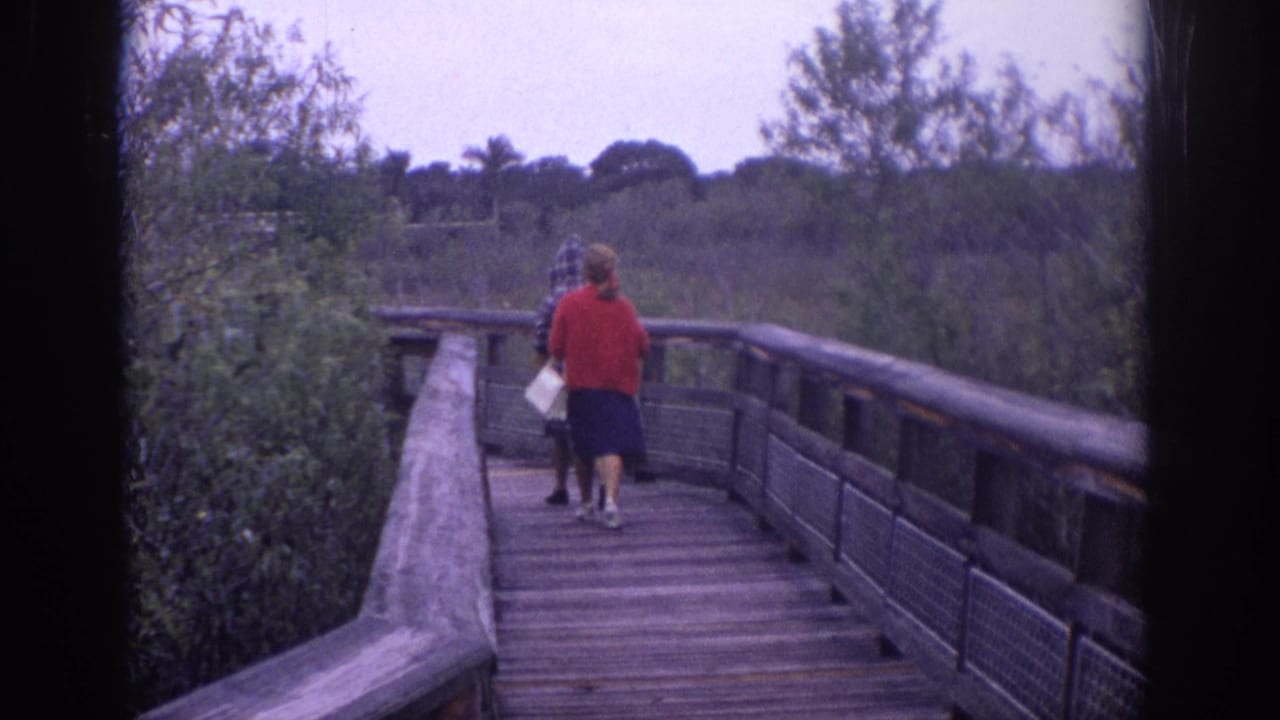In metadata-supported 1972 Philadelphia footage, two women walk away from the camera along a wooden boardwalk through a green natural area.