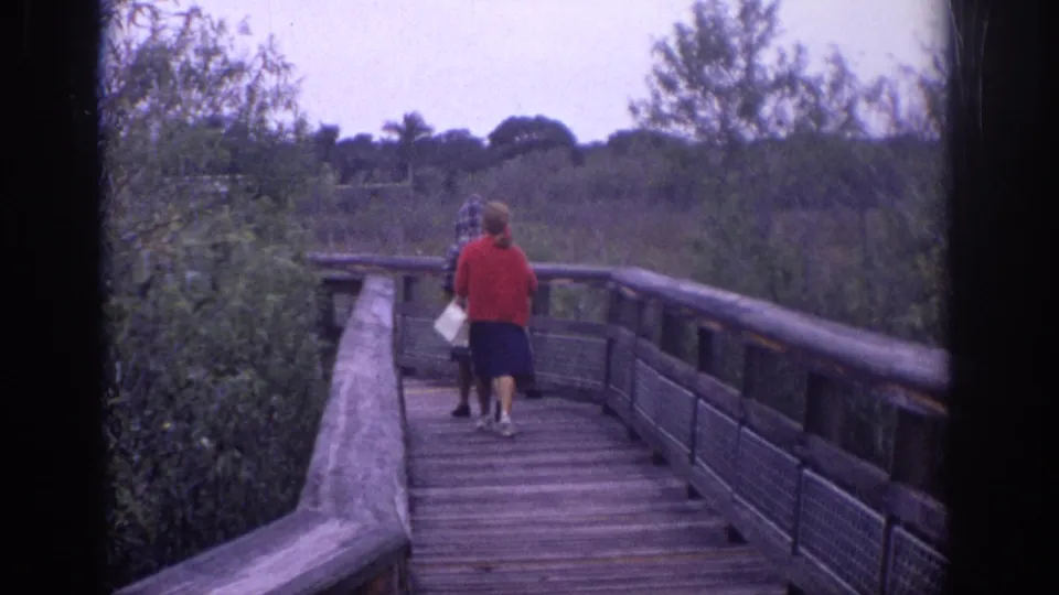 In metadata-supported 1972 Philadelphia footage, two women walk away from the camera along a wooden boardwalk through a green natural area.