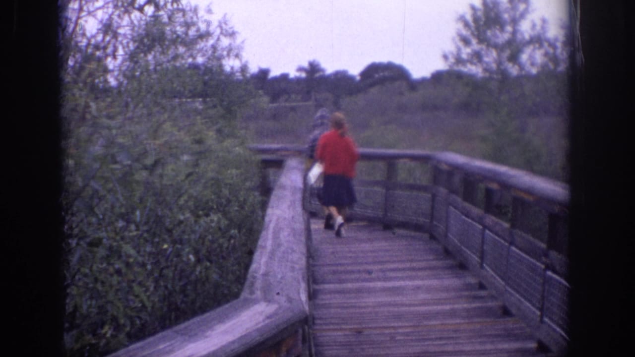 A woman in a red top walks farther along the boardwalk beside greenery.