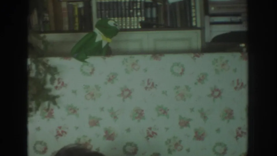 1972 Toronto 8mm frame of a green frog puppet leaning over a floral-covered table in a domestic room.