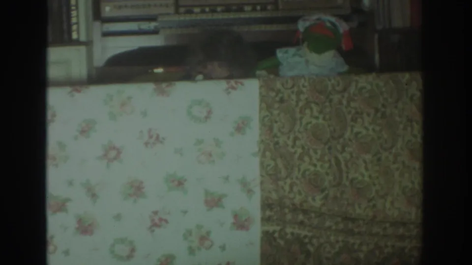 1972 Toronto 8mm frame showing the green puppet near a white cloth with red trim in a furnished home interior.
