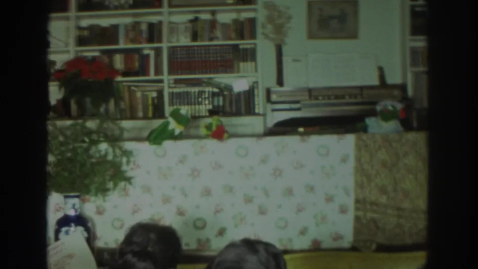 1972 Toronto home-movie still with frog-like puppets performing on a table as audience heads appear at the bottom edge.