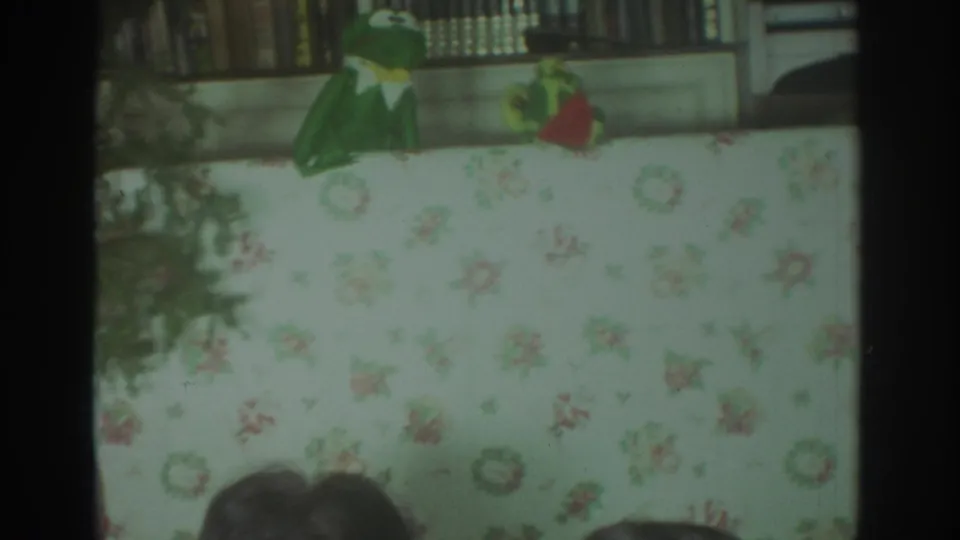 Closer 1972 Toronto frame of two frog-like puppets performing above a floral table in a private interior.