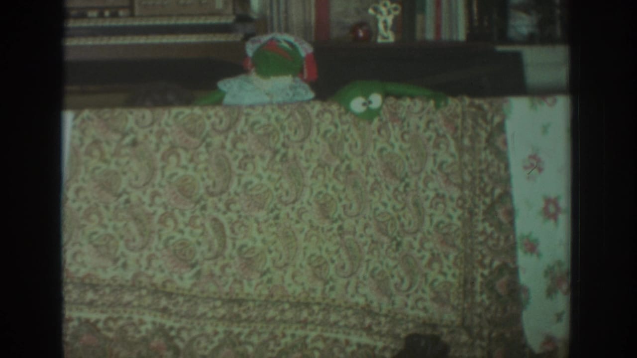1972 Toronto 8mm frame with a green frog puppet peeking over a paisley tablecloth in a private living-room interior.