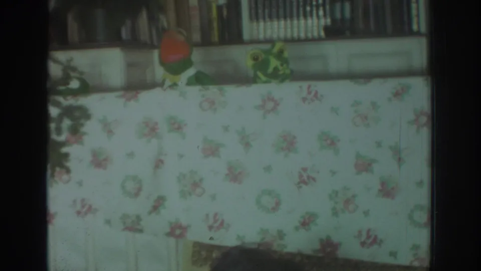 Two frog puppets peek over a floral cloth in a 1972 Toronto 8mm home-movie living-room scene.
