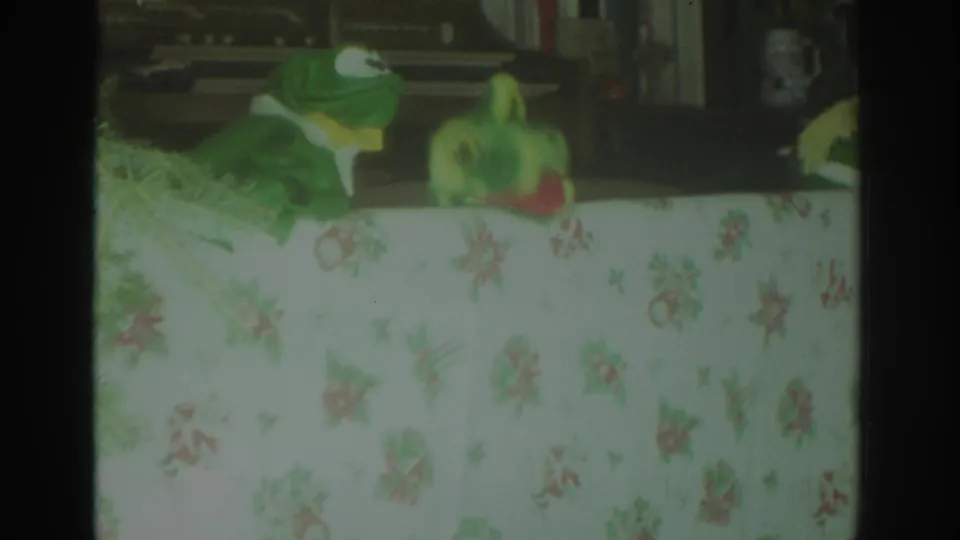 1972 Toronto home-movie frame with a green frog puppet and small character puppet performing behind a floral tablecloth.