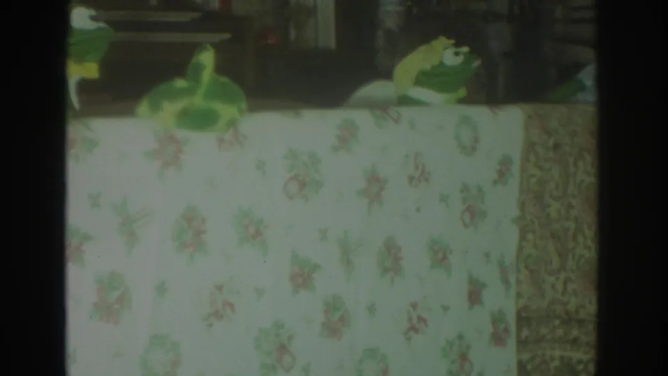 1972 Toronto 8mm frame with several green puppet forms partly visible above a pale floral tablecloth in low indoor light.