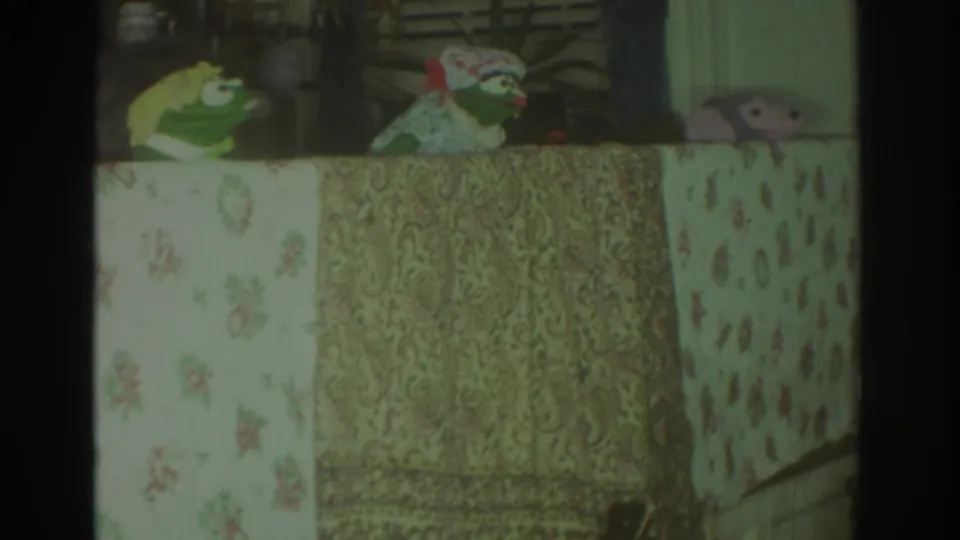 1972 Toronto 8mm frame showing frog and bird-like puppets above floral and paisley fabric stage panels.