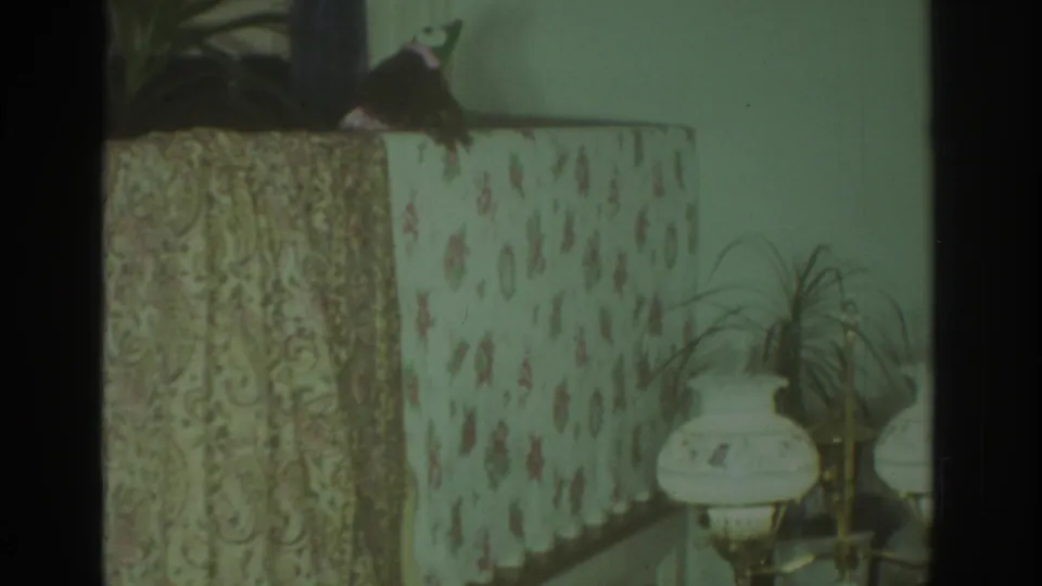 1972 Toronto 8mm frame showing a puppet over floral and paisley stage fabric, with a lamp and plant at right.