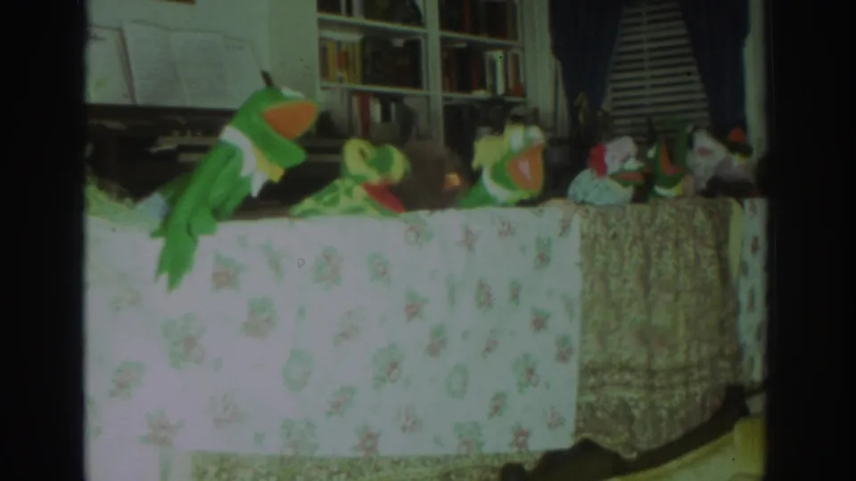1972 Toronto home-movie frame showing a frog puppet and several small puppets staged behind a floral cloth in a private living room.
