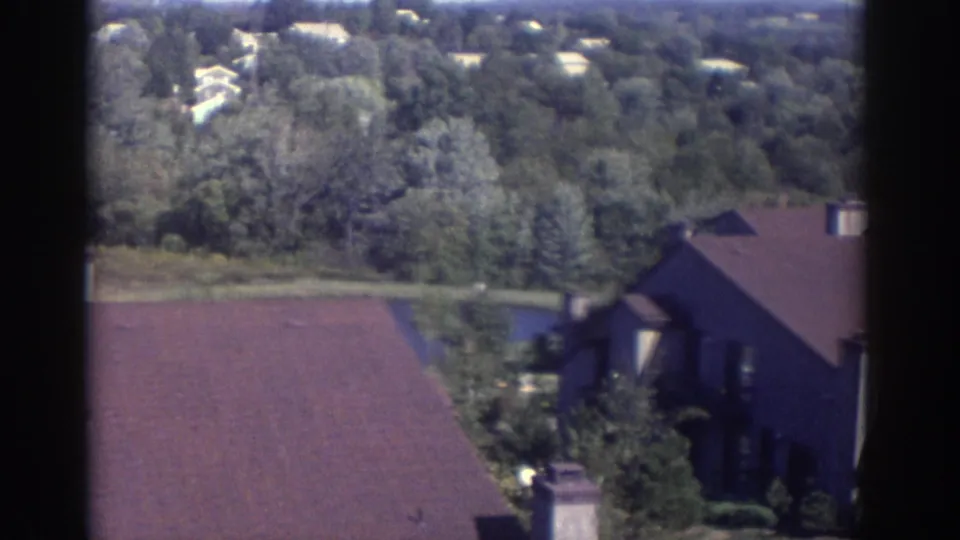 1972 Toronto residential view showing rooftops, townhouses, dense trees, and a small glimpse of water in the background.
