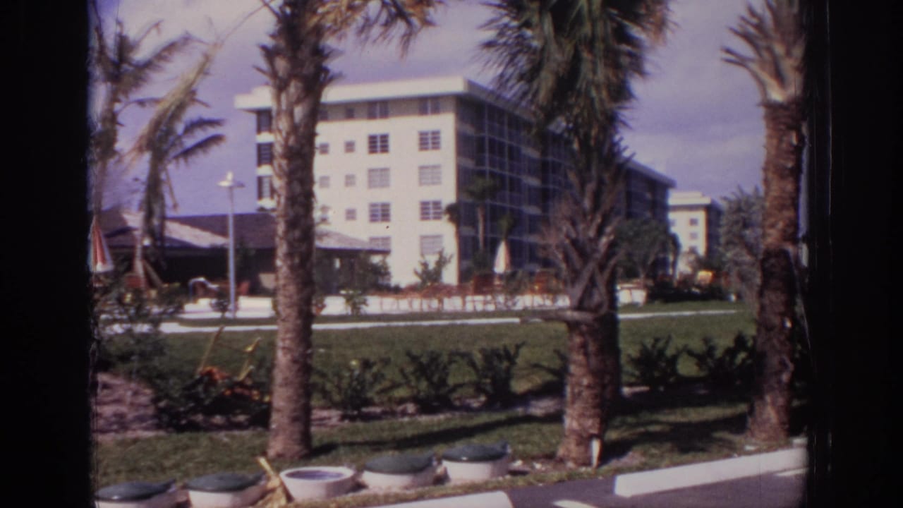 White apartment building framed by palm trunks and lawn landscaping.