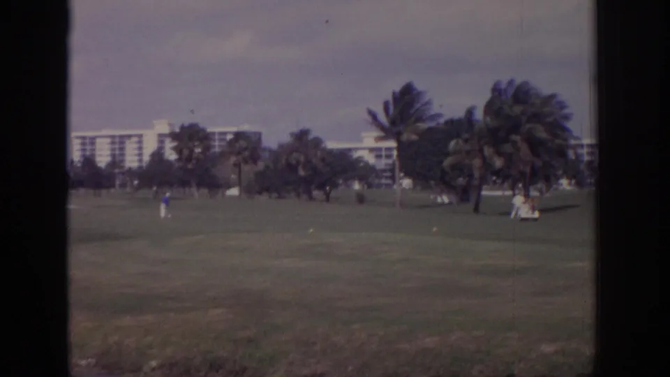 Wide 1973 Naples, Florida golf-course view with palm trees bending in wind, distant people, and resort buildings beyond the fairway.