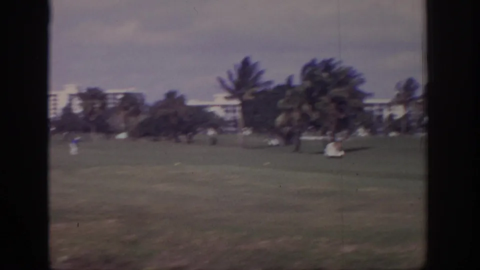 1973 Naples, Florida 8mm frame showing a grassy courtyard, palms bending in wind, and low apartment buildings in the distance.