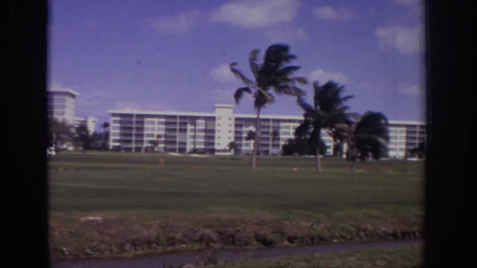 Soft 8mm view of a Naples lawn and palm trees with a long white resort-like building in the distance.