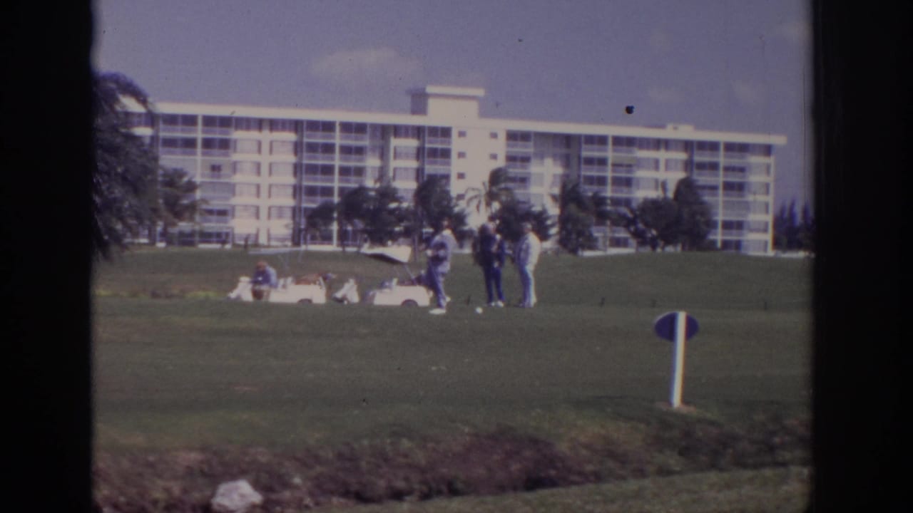 People on a resort golf course with palms and a white hotel visible through a window.