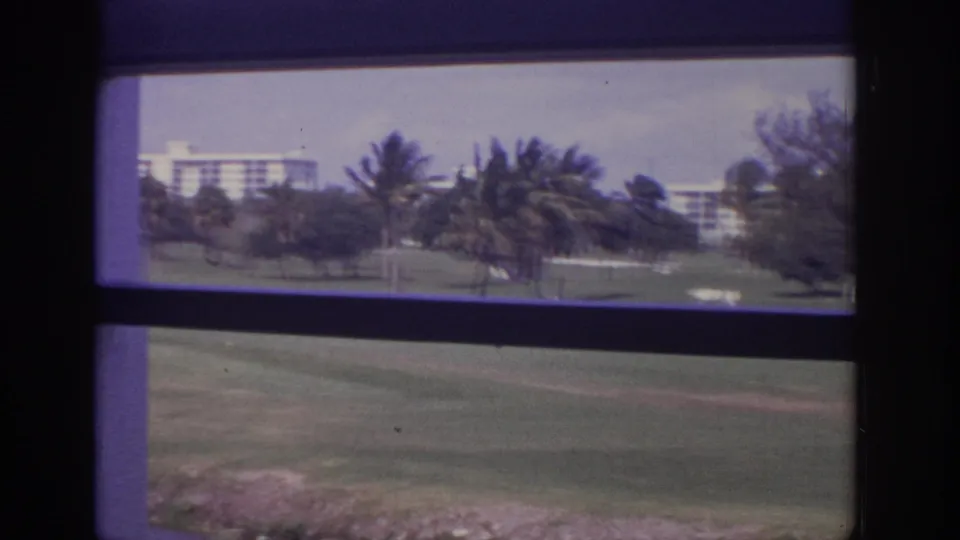 Through a dark window frame, the 1973 Naples resort grounds show palms, golf-course grass, and a distant white hotel partly obscured by trees.