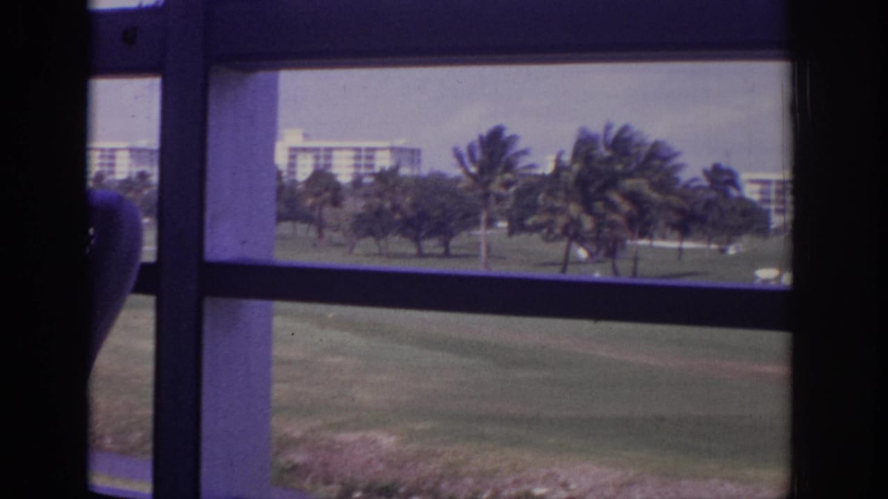 1973 Naples, Florida home-movie frame looking from a shaded patio past rails toward palms, grass, and distant mid-rise buildings.