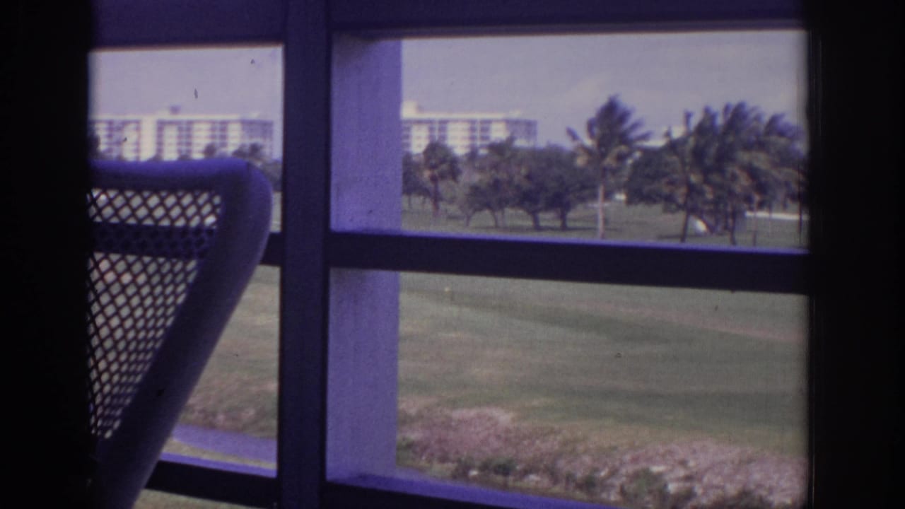 A dark mesh patio chair sits in the foreground of a 1973 Naples balcony view with palms and distant buildings beyond.