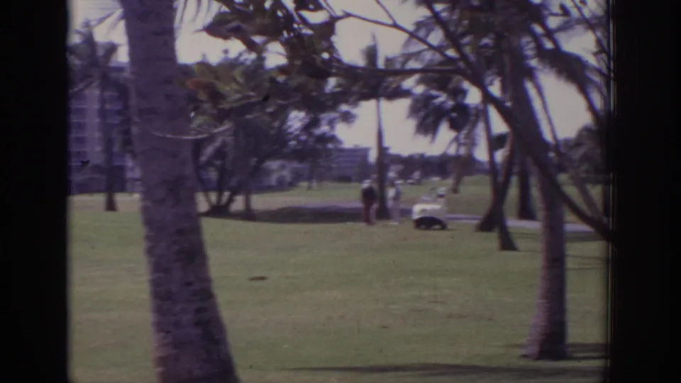 1973 Naples, Florida frame with palm trees across a resort golf course, distant golfers or visitors, and a small white golf cart.