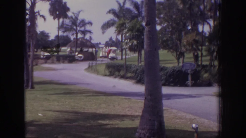 1973 Naples, Florida golf course view with a curving path, palms, landscaping, distant people, and a small sign near the foreground.