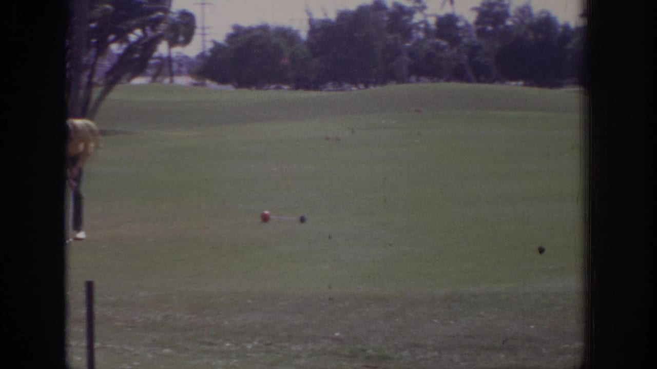 The Naples golf-course view holds on open grass, scattered tee markers or balls, and the partly cropped golfer at the left edge.