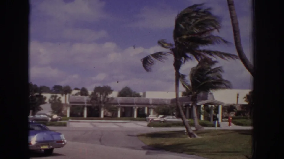1973 Naples, Florida frame with wind-whipped palms, a white modern building, parked cars, and a covered entrance area.