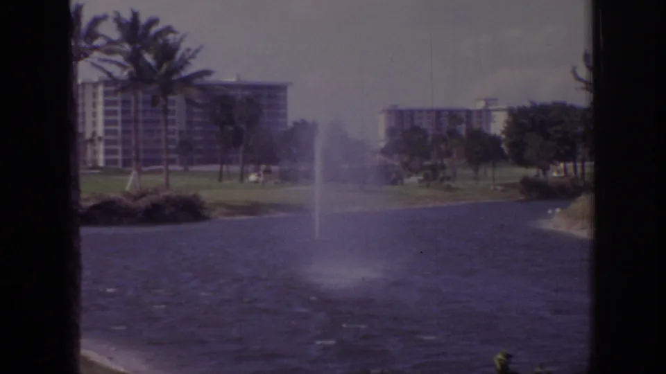1973 Naples, Florida home-movie view of a windblown lake fountain, rippled water, palms, lawn, and distant apartment buildings.