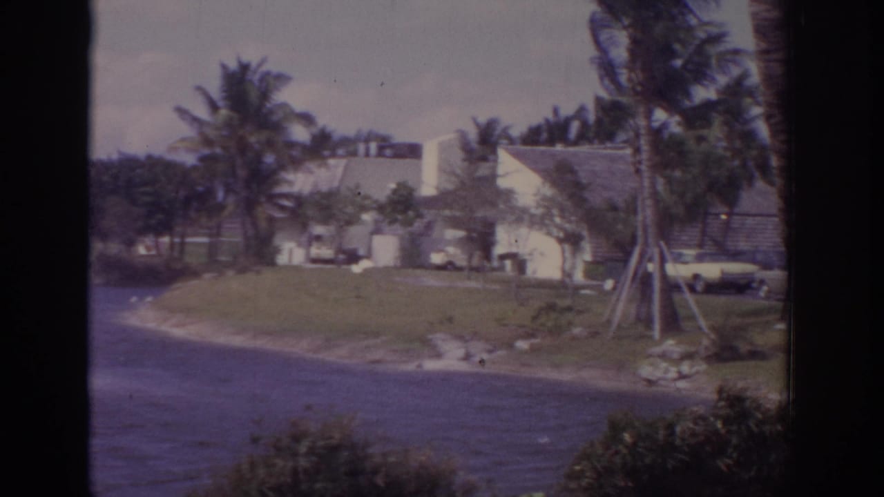 1973 Naples, Florida resort view with swaying palms, shoreline water, grass, low buildings, and classic cars seen through a dark frame.