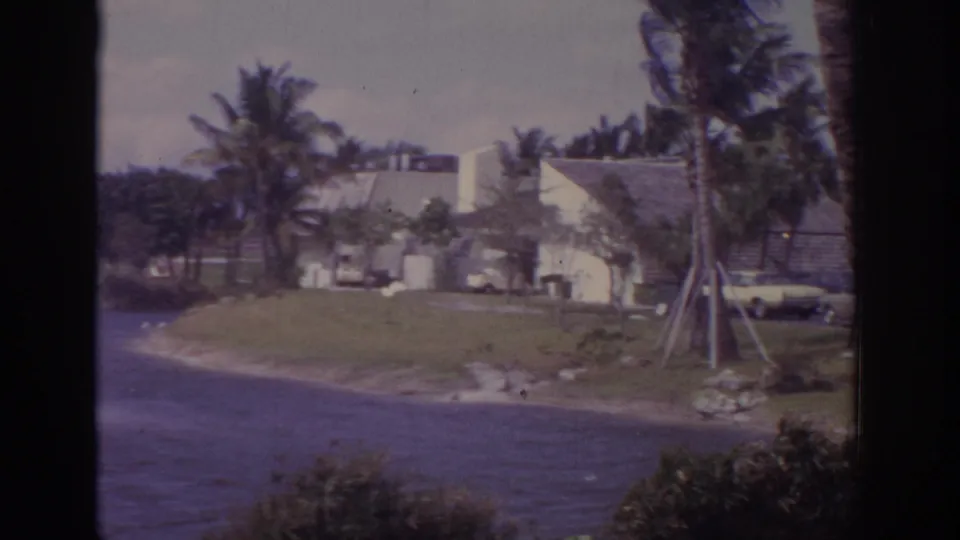 1973 Naples, Florida resort view with swaying palms, shoreline water, grass, low buildings, and classic cars seen through a dark frame.