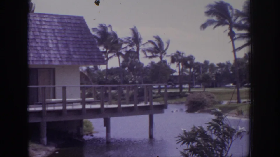 1973 Naples, Florida frame of a raised waterside house or resort structure with deck railings, still water, and palm trees beyond the lawn.
