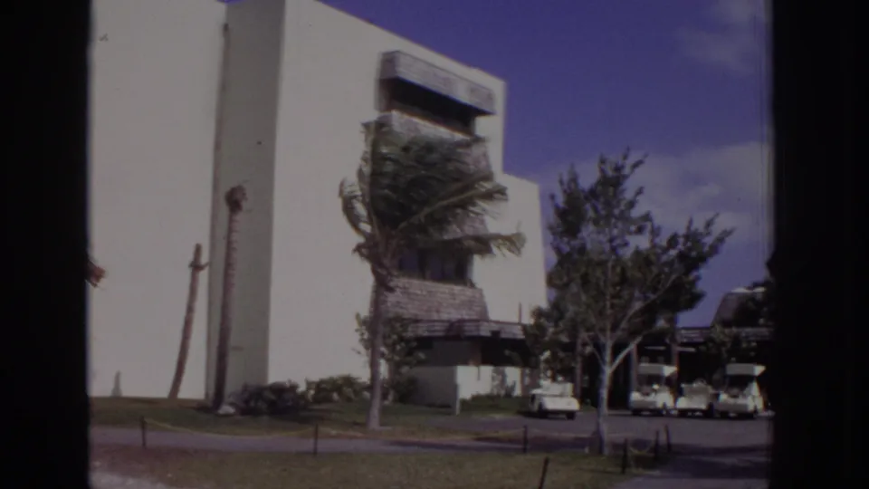1973 Naples, Florida frame showing a windblown palm, white building facade, parking area, cars, and golf carts.