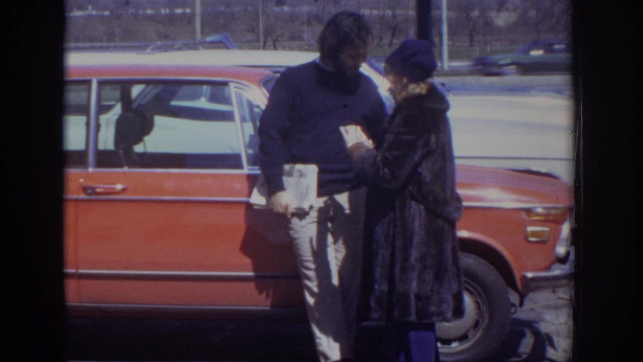 A man and woman face each other near the front half of a red station wagon.