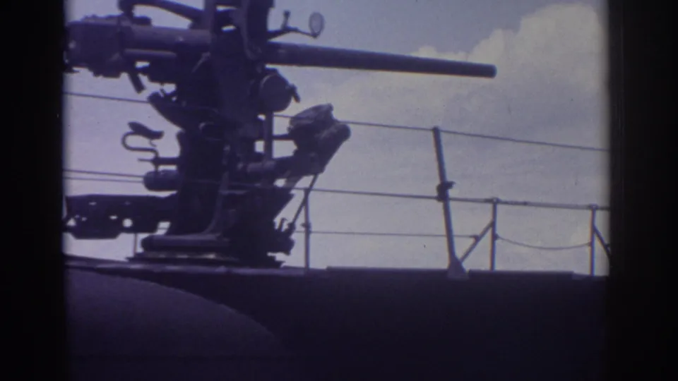 1974 Cleveland frame showing the mounted cannon and railings from another visitor-shot angle on the submarine display.