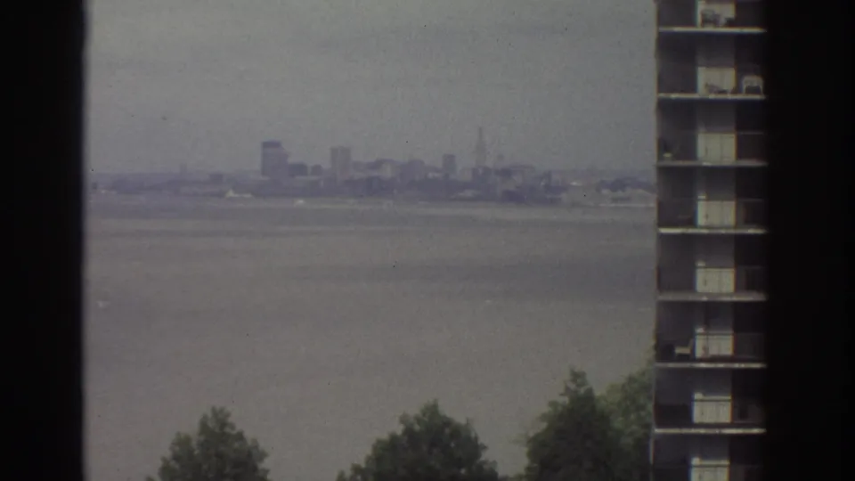 1974 Cleveland skyline across water, softened by haze and framed by treetops and the side of a tall building.